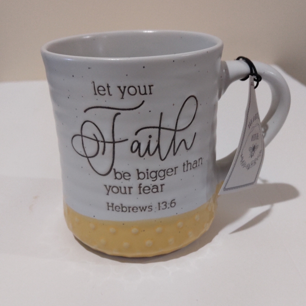 NEW  Heartland Ceramic Oversized Yellow & Off White Scripture Based Mug
